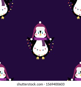 Seamless pattern with penguins and garlands