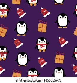Seamless pattern with penguins, gifts and hats in a Christmas theme on a dark background