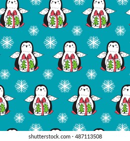 Seamless pattern with  the penguins, gifts and snowflakes.  Hand-drawn illustration. Vector.