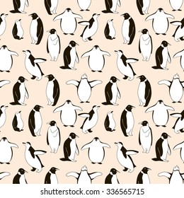 Seamless pattern with penguins. Hand drawn illustration. Animal's backdrop. Illustration with wild animals.