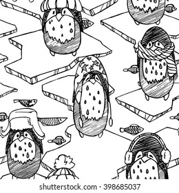 Seamless pattern, penguins hats on the ice, black and white graphics,  can use it for packaging, textile design and scrap booking
