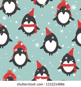 Seamless pattern, penguins in hats, snow, hand drawn overlapping backdrop. Colorful background vector. Design illustration. Decorative wallpaper, good for printing. Happy New Year. Winter time