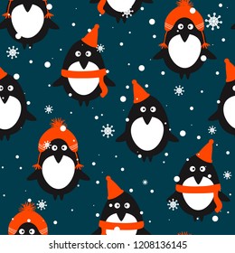 Seamless pattern, penguins in hats, snow, hand drawn overlapping backdrop. Colorful background vector. Design illustration. Decorative wallpaper, good for printing. Happy New Year. Winter time