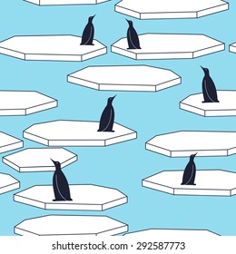 Seamless pattern with penguins and ice floes. Cute nordic landscape background. Arctic vector illustration.