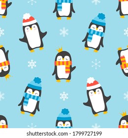 Seamless pattern with penguins isolated on blue background.