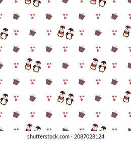 Seamless pattern with penguins in love in childish style with red heart and gift box. Festive print with funny animals, valentine day decoration. Vector flat illustration