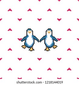 Seamless pattern with penguins in love. Cute pixel penguins. 8 bit vector illustration. Winter animals pattern