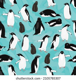 Seamless pattern with Adélie penguins. Males, females and chicks of Adélie penguins. Birds of the South Pole. Realistic pattern for textiles and packaging