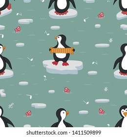 
Seamless pattern. Penguins are musicians. Penguins swim on ice floes, dance and play musical instruments. Vector illustration.