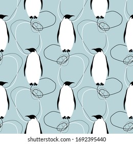 Seamless pattern with penguins on a blue background. Abstract penguin. Wallpaper, print, paper, packaging, textile design. Vector illustration.