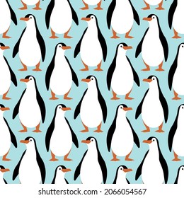 Seamless pattern with penguins on a blue background. Winter repeating wallpaper. Cartoon bird vector illustration. For print, paper, packaging, textile.