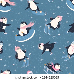 Seamless pattern with penguins on on a dark blue background. Vector color illustration with cute polar, arctic birds: skating,  on a snowboard,  in scarf sledding, on skis. 