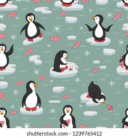 Seamless pattern. Penguins on the ice floes. Pink fish swim around. The color of the ocean is gray-green. The ice floes are light gray. Vector illustration.