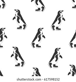 Seamless pattern - penguins on ice skates. Black and white