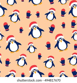 Seamless pattern with penguins on a peach background. Winter background. Christmas style. Packaging for New Year gifts.