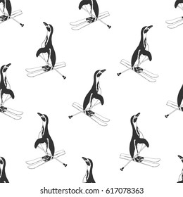 Seamless pattern - penguins on skis. Black and white