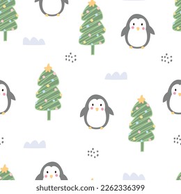 Patrón sin foco con pingüinos sobre fondo blanco. Diseño dibujado a mano al estilo de las caricaturas. utilizado para la decoración Celebración Papel de escritorio Tejido Textil