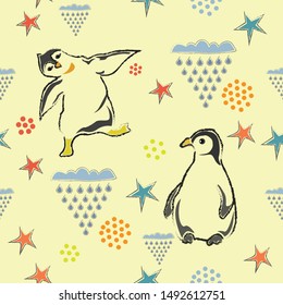 Seamless Pattern with Penguins. Scandinavian Style. Vector Illustration