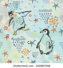 Seamless Pattern with Penguins. Scandinavian Style. Vector Illustration