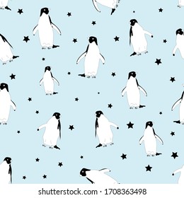 Seamless pattern with penguins. Sea bird. Animal illustration perfect for design greeting cards, prints, flyers, cards, holiday invitations and more. Vector card on color background