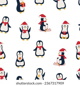 Los pingüinos del patrón sin foco pusieron graciosos personajes lindos de dibujos animados celebrando Año Nuevo y Navidad. Ilustración vectorial del concepto de vacaciones de invierno.