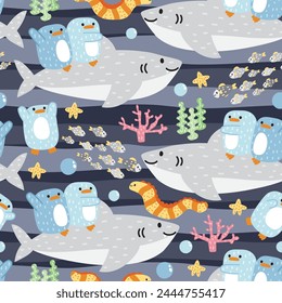 Seamless pattern of penguins sit on shark soft hair cartoon style hand drawn.Sea life and bird animal character.Coral.Ocean.Summer.Under water.Kawaii.Vector.Illustration. 