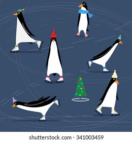 Seamless pattern penguins skating. Illustration of funny penguins on a skating rink.