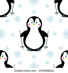 Seamless pattern with penguins and skis