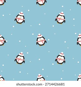 Patrón sin fisuras con pingüinos y nieve.