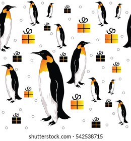 Seamless pattern with penguins. Snow, winter and gifts.