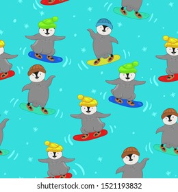 Seamless pattern with penguins snowboarders