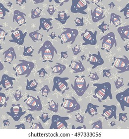 Seamless pattern with penguins and snowfall on beige background
