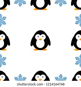 Seamless pattern with penguins and snowflakes. Cute penguin cartoon vector illustration. Winter animals pattern