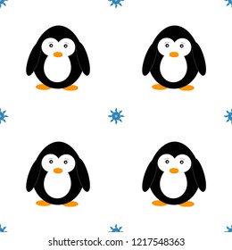 Seamless pattern with penguins and snowflakes. Cute penguin cartoon vector illustration. Winter animals pattern