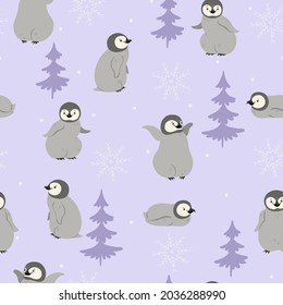 Seamless pattern with penguins and snowflakes. Vector graphics.