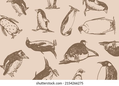 Seamless pattern penguins, stylish vintage cover for for fabric, postcards, wallpapers,graphical vector illustration with sepia background
