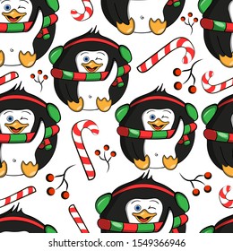Seamless pattern with penguins and sweets. Pattern with cute smiling penguins in scarves and sweets. Christmas pattern with funny birds.