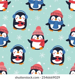 Seamless pattern with penguins wearing hats and scarves. Vector graphics.