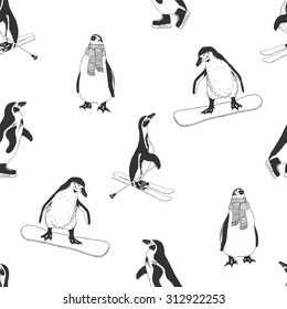 Seamless pattern - penguins. Winter sports. Black and white