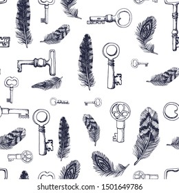 seamless pattern, pens and keys, vector, ink isolated on white background