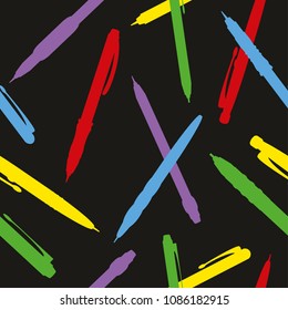 Seamless pattern with pens on black background.
