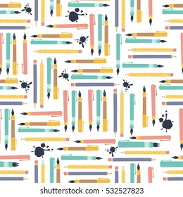 seamless pattern. pens and pencils with blots