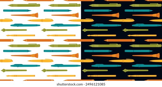 Seamless pattern of pens and pencils, pattern repeat. Design for education, packaging, decorative stationery and various projects.