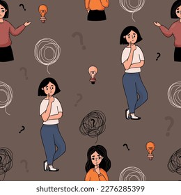 Seamless pattern with pensive girls with confused thoughts and question marks on gray background. Vector illustration for the design and decora of psychological concepts
