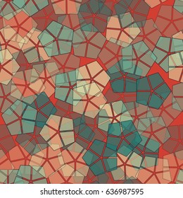 Seamless pattern of pentagonal shapes with stroke, divided into sectors. Red-brown, blue-green, beige.