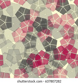 Seamless pattern of pentagonal shapes with stroke, divided into sectors. Beige, gray tones, red-blue.