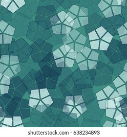 Seamless pattern of pentagonal shapes with stroke, divided into sectors. Green-blue tones.