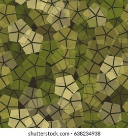 Seamless pattern of pentagonal shapes with stroke, divided into sectors. Khaki and beige tones.