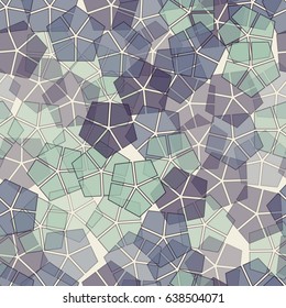 Seamless pattern of pentagonal shapes with stroke, divided into sectors.  Green, green-gray, beige.
