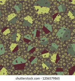 Seamless pattern. Pentagons against a placer of seven-pointed stars.